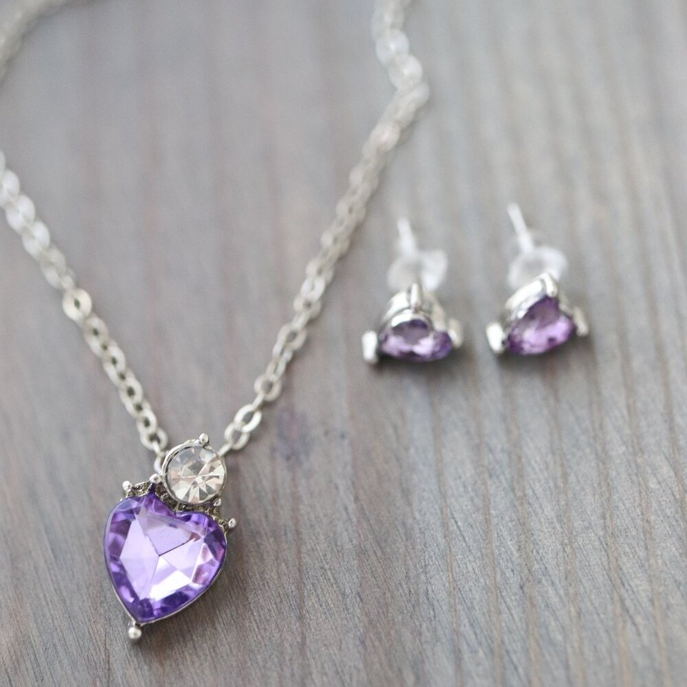Necklace/Earrings Jewelry Sets Purple Heart Style Silver with Rhinestones